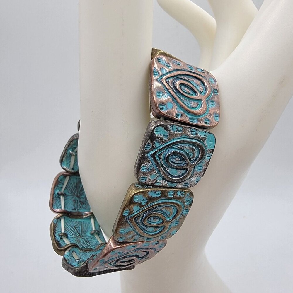 Vintage Chunky‎ Link Patina Bracelet Blue MOD Rare Artisan Statement Stretch